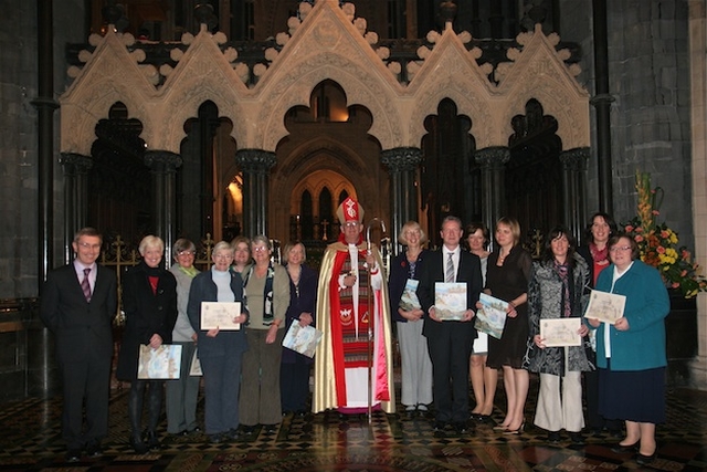 Archbishop John Neill pictured in Christ Church Cathedral with those who completed the Archbishop's Certificate Course in Theology; Tom Healy, Helen Gorman, Beverley East, Elizabeth Oldham, Pat O'Malley, Patricia Feldwick, Sylvia Armstrong, Tony Carey, Heather Waugh, Jane Burns, Caroline Farrar, Cathy Hallissey and Hilda Bolton.
