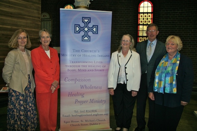 Members of the Blessington branch of the Church's Ministry of Healing; Anne Fox, Thea Boyle, Daphne Harvey, Berkeley Vincent and Vivien Vincent, at the organisation's Annual Thanksgiving Service and Gift Day in St George & St Thomas’ Church in Dublin city centre. 