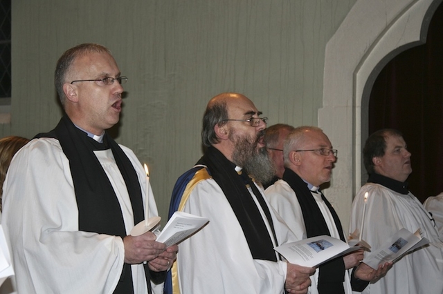 The Revd Dr Maurice Elliott, Director; the Revd Patrick Comerford, Director of Spiritual Formation; and the Revd Patrick McGlinchey, lecturer in Missiology, singing at the Church of Ireland Theological Institute Carol Service in St Philip’s Church, Temple Road.