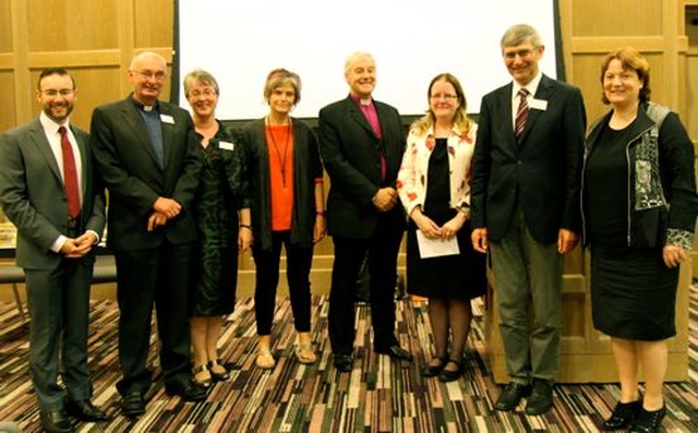 The speakers and contributors to the Faith and Partnership conference organised by the Board of Education were  L–R Dr Ken Fennelly, the Revd Brian O’Rourke, Dr Anne Lodge, Dr Sarah Bragg, Archbishop Michael Jackson, Prof Emer Smyth, Dr Gerhard Pfeiffer and Margaret Gorman.