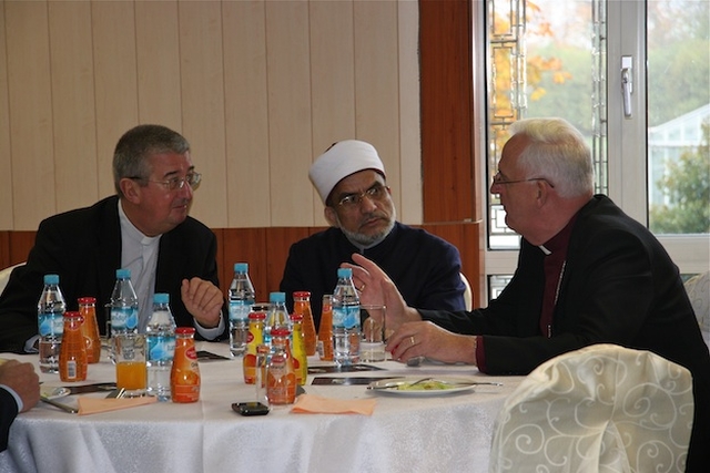 Archbishop Diarmuid Martin, Imam Hussein Halawa and Archbishop John Neill pictured at the inter-faith visit to the Islamic Cultural Centre of Ireland.