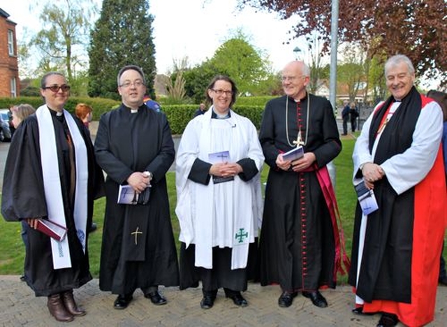 Some of the Church leaders present at the Church of St John the Baptist for the ecumenical service to commemorate the 1,000th anniversary of the Battle of Clontarf. Pictured are the Revd Lorraine Kennedy–Richie, Presbyterian Moderator of Dublin and Munster Presbytery; the Revd Andrew Dougherty, Methodist Superintendent of the Dublin District, the Revd Lesley Robinson, Rector of Clontarf Parish; the Most Revd Dr Eamonn Walsh, Roman Catholic Auxiliary Bishop of Dublin; and the Most Revd Dr Michael Jackson, Church of Ireland Archbishop of Dublin. 