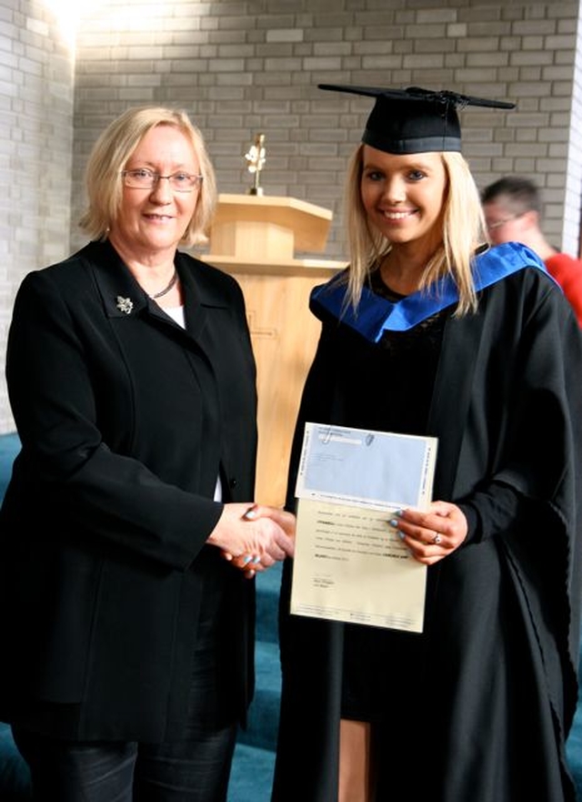 Margaret Condon, assistant chief inspector from the Department of Education and Skills presented the Carlisle and Blake Award to Sorcha O’Farrell from Celbridge, County Kildare, at the Church of Ireland College of Education B.Ed Graduation Ceremony 2012 which took place in the college chapel. 