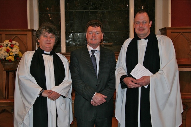 David Davin-Power, RTE Political Correspondent, pictured with the Revd Aisling Shine, Curate-Assistant, and the Revd Roy Byrne, Rector, following his talk in Drumcondra Parish Church as part of the Drumcondra and North Strand series of Lenten Talks, 'What have we to say - has the Church anything to say in the Ireland of today?’