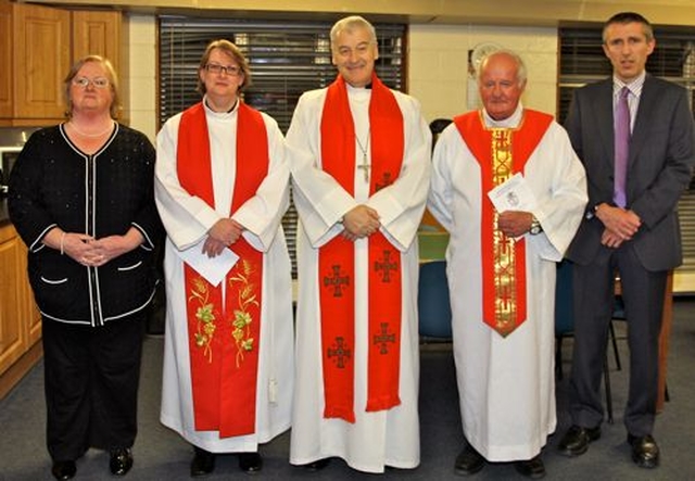 Pictured prior to the institution of the Revd Lesley Robinson as the new rector of Clontarf are Jean Colvin (church warden), the Revd Lesley Robinson, Archbishop Michael Jackson, the Revd Dr Tom Corbett (preacher) and John Davis (church warden). The institution took place in Mount Temple Comprehensive School as the Church of St John the Baptist is undergoing renovations. 