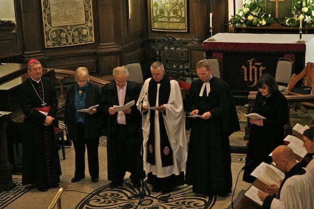 The Most Revd Dr Diarmuid Martin, Roman Catholic Archbishop of Dublin; Felicity McCartney, Clerk of Ireland Yearly Meeting of the Religious Society of Friends; the Rt Revd Dr Norman Hamilton, Moderator of the Presbytarian Church in Ireland; the Ven David Pierpoint, Archdeacon of Dublin; the Revd John Stephens, Superintendent of the Dublin District of the Methodist Church in Ireland; and Elizabeth Kelly, Chairperson of the Dublin Council of Churches, leading the prayers at the service to mark the assembly of the 31st Dáil, St Ann’s Church, Dawson Street.