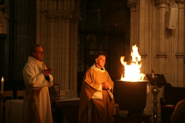 Pictured are the burning of palm leaves in Christ Church Cathedral for the imposition of Ashes at the Ash Wednesday Eucharist. Present are the Venerable David Pierpoint, Archdeacon of Dublin (right) and the Very Revd Dermot Dunne, Dean of Christ Church (left).