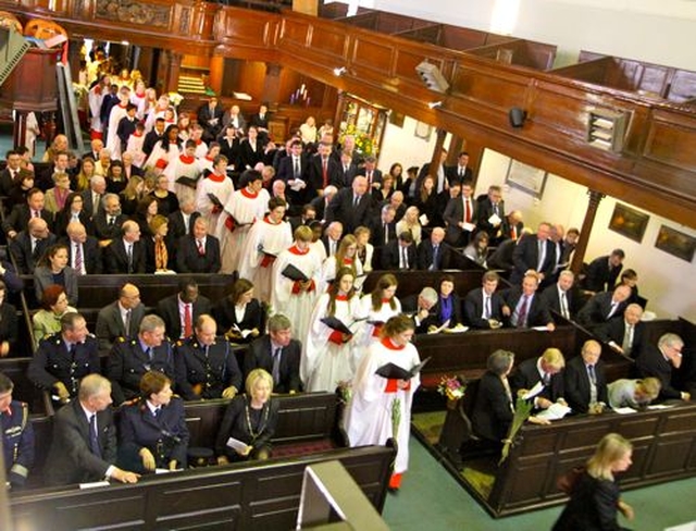 The choir of the King’s Hospital School processes into St Michan’s Church for the annual Church of Ireland New Law Term Service this morning, Monday October 7. 