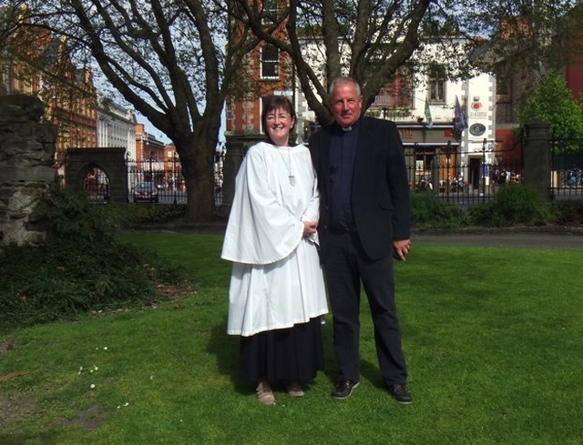 Newly commissioned lay reader Joan Forsdyke with her Rector, the Revd Ted Woods at her commissioning in Christ Church Cathedral.