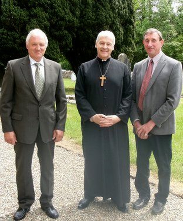 Archbishop Michael Jackson is pictured with John Armstrong and Cecil Bradshaw at the Service of Thanksgiving for restoration works at Glenealy Church. 
