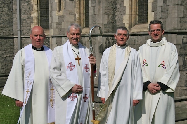 The Ven Ricky Rountree, Archdeacon of Glendalough; the Most Revd Dr Michael Jackson, Archbishop of Dublin and Bishop of Glendalough; the Ven David Pierpoint, Archdeacon of Dublin and the Very Revd Dermot Dunne, Dean of Christ Church Cathedral, pictured outside the cathedral before Chrism Eucharist on Maundy Thursday. Dr Jackson preached at this service.