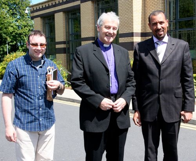 Dr Ken Fennelly, who organised the visit for the Friends of Christ Church Cathedral, Archbishop Michael Jackson and Dr Ali Selim outside the Islamic Cultural Centre of Ireland in Clonskeagh.