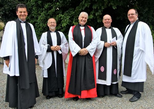 The Revd David Mungavin, Rector of St Patrick’s, Greystones; the Revd Nigel Waugh, Rector of Christ Church Delagany; Archbishop Michael Jackson; Archdeacon Ricky Rountree, Rector of Powerscourt and Kilbride; and the Revd Baden Stanley, Rector of Christ Church Bray, following the service of dedication of Temple Carrig School. 