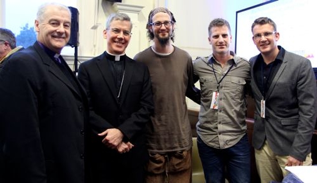 The Archbishop of Dublin, Dr Michael Jackson; the Papal Nuncio to Ireland, Archbishop Charles Brown; and Shane Claiborne, activist, author and founder of the Simple Way Community in Philidelphia; with organisers of Rubicon, Greg Fromholz and the Revd Rob Jones of Holy Trinity, Rathmines. 