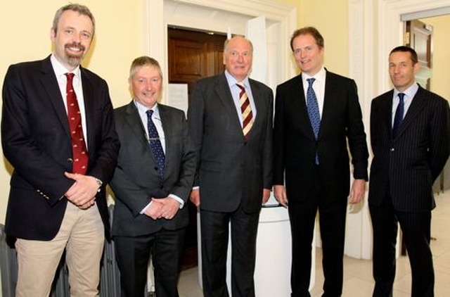 Gavan Woods, administrator of St Patrick’s Cathedral; Dr Michael O’Neill, architectural historian; Dr Michael Webb, chairman of the Irish Architectural Archive; the Hon Rory Guinness; and David Lane, MD of Ecclesiastical Insurance at the launch of the exhibition marking the 150th anniversary of the Guinness restoration of St Patrick’s Cathedral which is running in the Irish Architectural Archive gallery.