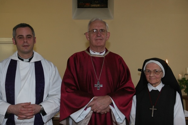 The Archbishop of Dublin, the Most Revd Dr John Neill celebrates communion in St Mary's Home. Also pictured is the Revd Andrew McCroskerry (left) and Sr Verity-Anne, a member of the Anglican Order of Nuns, the Order of St John the Evangelist.