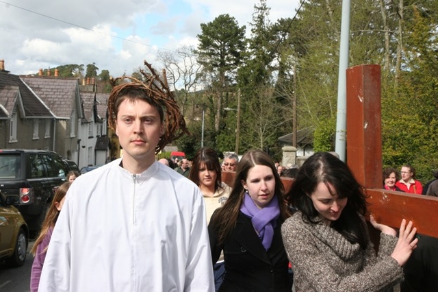 Jesus played by John Godfrey at the Enniskerry Ecumenical Procession of the Cross from St Mary's RC Church to St Patrick's Church of Ireland. The young people carrying the cross are on a retreat to Enniskerry.