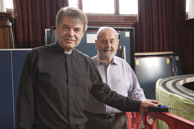 The Revd Canon Patrick Lawrence and Arthur Lawrence launch the Model Railway Exhibition in Knox Hall, Monkstown, in aid of the Church Restoration Fund.
