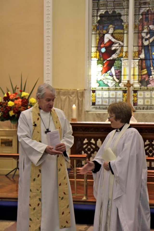 The Revd Adrienne Galligan is congratulated by Archbishop Michael Jackson following her institution as Rector of Rathfarnham. 