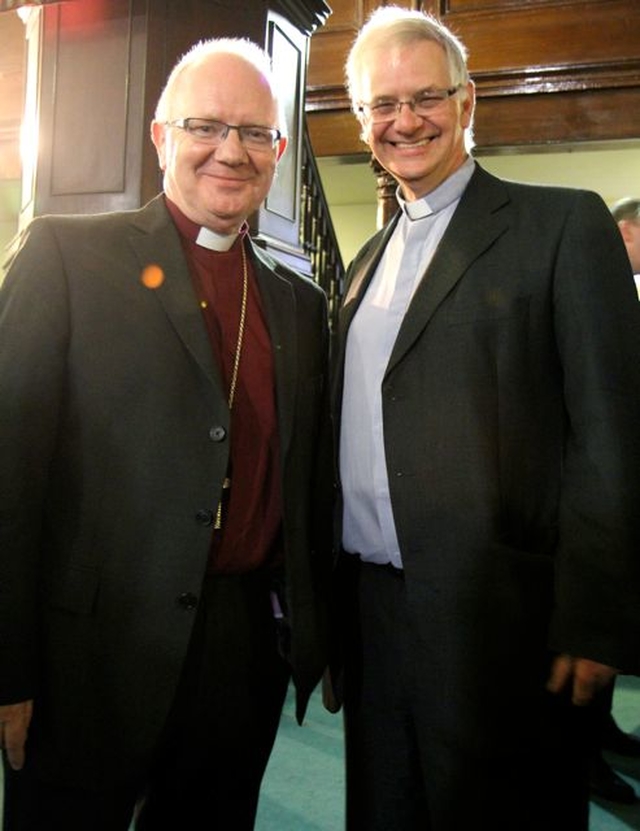The Archbishop of Armagh, the Most Revd Dr Richard Clarke, with his brother, Canon John Clarke, rector of Wicklow and Killiskey, in St Michan’s Church following the service celebrating a new name and a new home for Us. (formerly USPG) on Wednesday May 29.