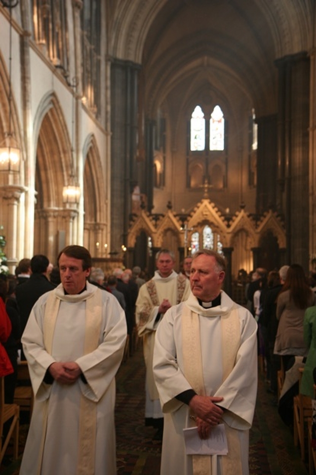 The Secretary General of the Anglican Communion, the Revd Canon Ken Kearon (left) and the former Principal of the Church of Ireland Theological College, the Revd Canon Adrian Empey process out after the Easter Day Eucharist in Christ Church Cathedral.