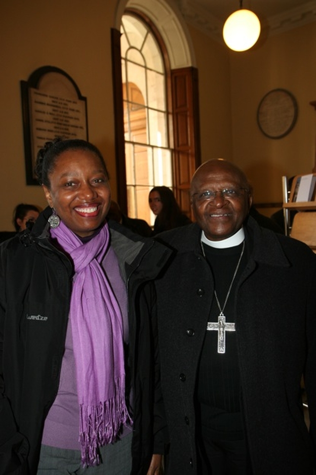 The former Archbishop of Cape Town, the Rt Revd Desmond Tutu with Eleanor during Archbishop Tutu's visit to Trinity College, Dublin.