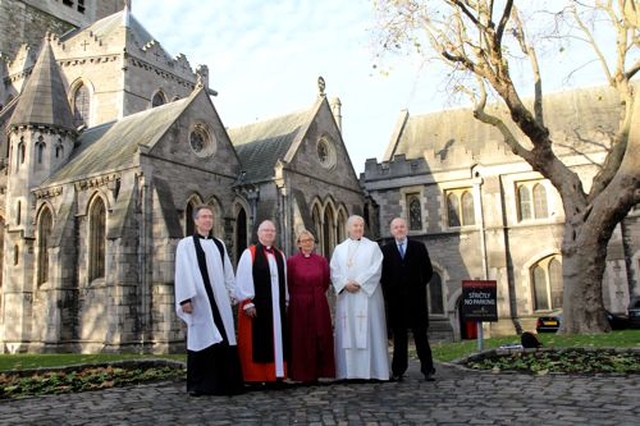 The Revd Nigel Parker (preacher); Archbishop Richard Clarke; Bishop Pat Storey; Archbishop Michael Jackson; and the Revd Earl Storey before the service of consecration in Christ Church Cathedral, Dublin, on Saturday November 30. 