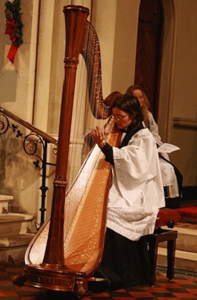 The Revd Anne-Marie O'Farrell, Curate, playing the harp at the Carol Service in Sandford Church. Photo: David Wynne.