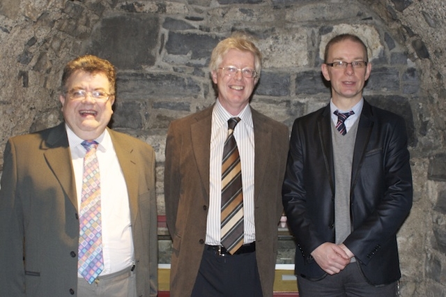 Pictured at the launch of 'An Chláirseach agus an Choróin' were the author Liam Mac Cóil (centre); Prof Jeremy Dibble of Durham University and Prof Paul Rodinell of Birmingham University.

