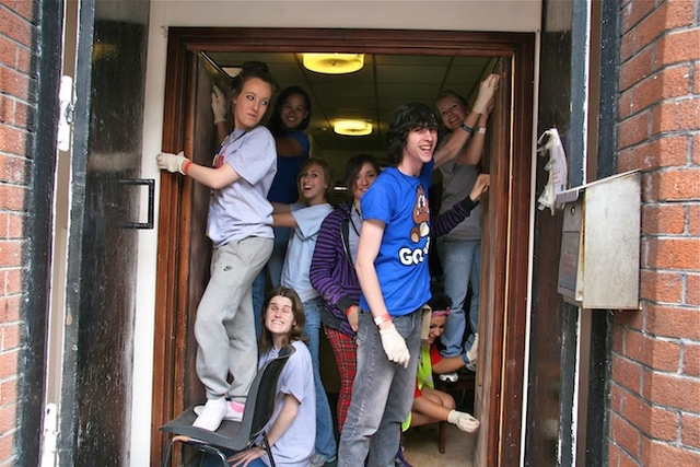 Urban Soul Volunteers sanding the doors at the Lourdes Day Care Centre in Dublin city centre.