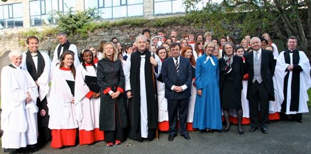 Members of the King’s Hospital Choir with their musical director, Helen Roycroft, Archdeacon David Pierpoint, Canon Peter Campion, Helen Gorman, Archbishop Michael Jackson, Mr Justice Gerard Hogan, the Revd Canon Dr Heather Morris, Chief Justice Susan Denham, Mr Justice Michael Moriarity and Revd David MacDonnell. 