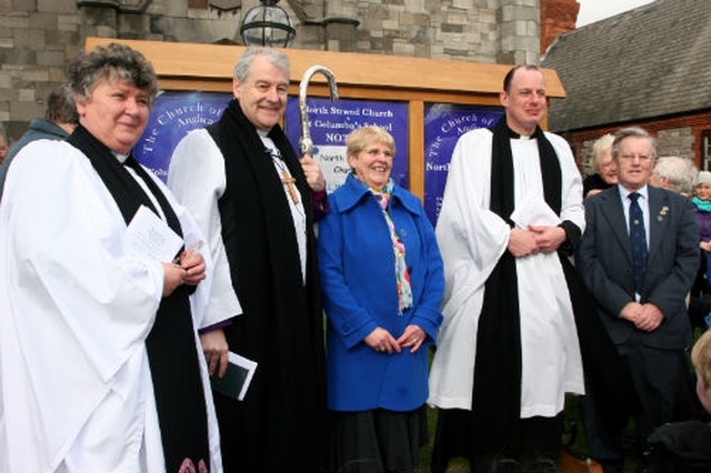 Canon Aisling Shine; the Archbishop of Dublin, the Most Revd Dr Michael Jackson; Olive Cooper, church warden and wife of the late Cecil Cooper; North Strand rector, Revd Roy Byrne; and church warden Mervyn Denner at the dedication of a new noticeboard for North Strand Church and St Columba’s School. The noticeboard was erected in memory of Cecil Cooper.