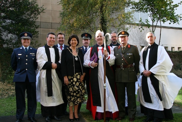 Colonel Harvey O'Keefe (Air Corps); The Rev David MacDonnell (chaplain to the Lord Mayor); Mr Bryan Dobson, RTE; Deputy Lord Mayor Eadie Wynne; Deputy Commissioner Martin Callinan (An Garda Siochana); Archbishop Neill; Dean Dermot Dunne of Christ Church Cathedral; Lt General Sean McCann (The Defence Forces); and Archdeacon David Pierpoint pictured at the Opening of the Michaelmas Law Term Service, St. Michan's Church.
