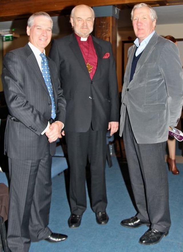 The Bishop of London, the Rt Revd Richard Chartres, addressed lay representatives of Dublin and Glendalough in St Catherine’s Church, Thomas Street, last night, Thursday February 27. He told of how they had turned the Diocese of London around. He is pictured (centre) with Canon Graham Richards and Robert Neill. 