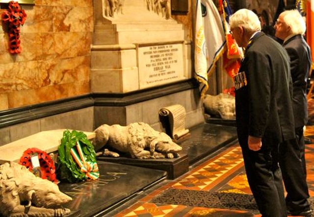 President Michael D Higgins and the President of the Royal British Legion in Ireland, Major General The O’Morchoe lay wreaths at the War Memorial in the north transept of St Patrick’s Cathedral during the service on Remembrance Sunday. 