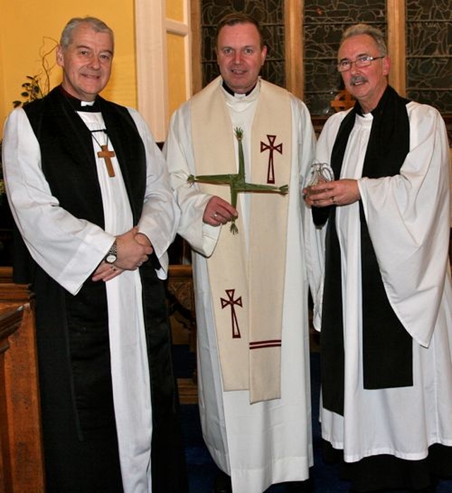 Archbishop Michael Jackson, Fr Tony Coote and the Revd Ian Gallagher at the special service of celebration marking 300 years of St Brigid’s Parish Church in Stillorgan on St Brigid’s Day. Fr Tony, from the neighbouring parish of Kilmacud and Mount Merrion, presented the rector with a St Brigid’s Cross which had been made in Kildare that morning and water from the well at the site of St Brigid’s Monastry. 