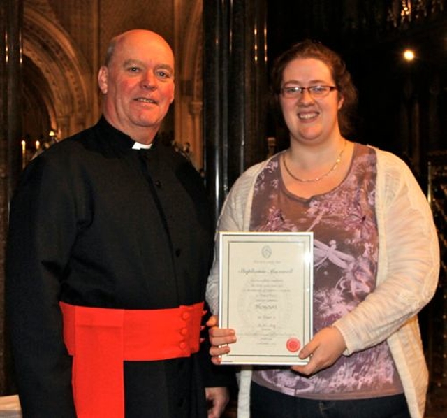 Stephanie Maxwell was presented with a certificate for the successful completion of the 2nd year of the Archbishop of Dublin’s Certificate in Church Music by Archdeacon Ricky Rountree, chairman of Church Music Dublin, at Evensong in Christ Church Cathedral. 