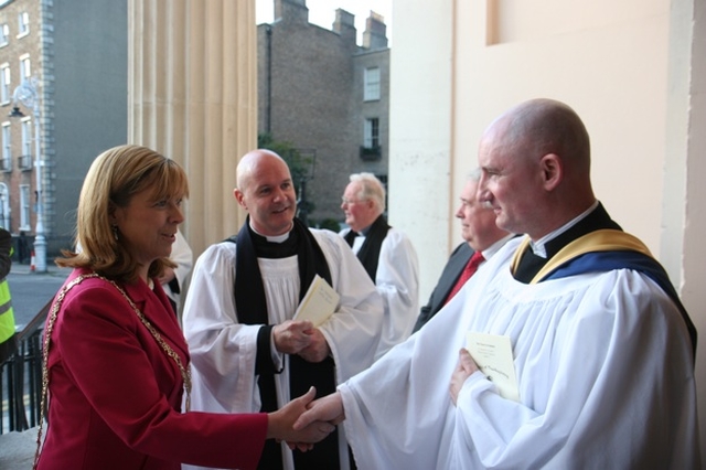 The Lord Mayor of Dublin, Cllr Emer Costello greeting Jon Scarffe, her Chaplain at the Thanksgiving service in St Stephen's marking the completion of restoration work on the Church.