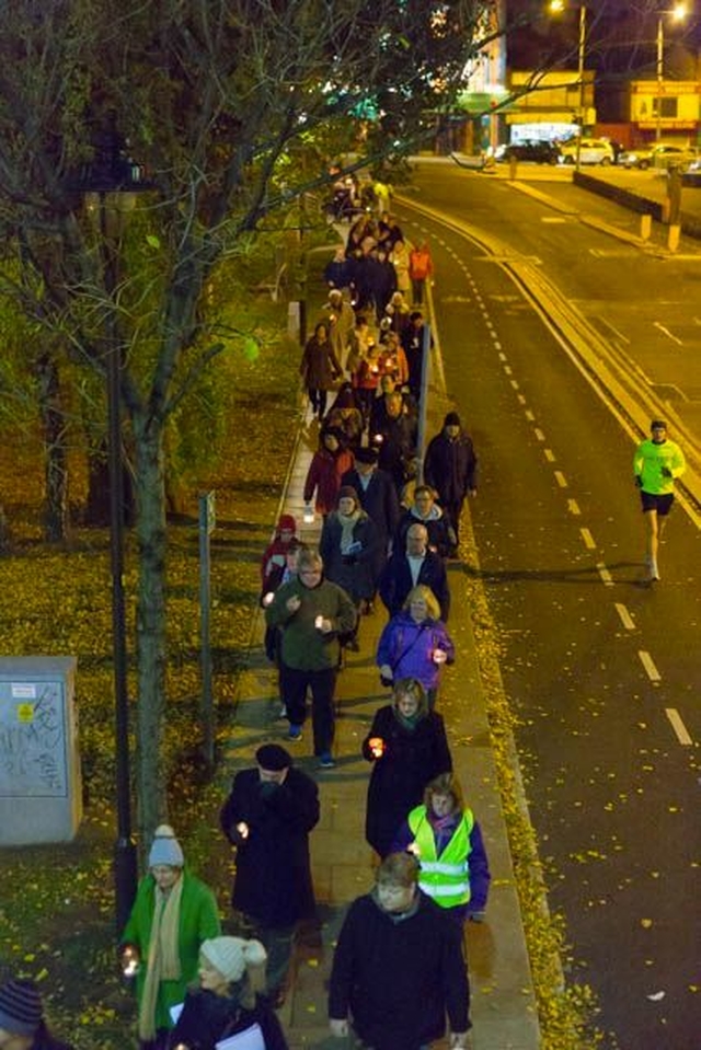 Participants in the 2013 Dublin Council of Churches Walk of Light make their way along the route from Christ Church Leeson Park to St Finian’s Lutheran Church, Adelaide Road via Mary Immaculate Refuge of Sinners in Rathmines yesterday, Sunday November 24. 