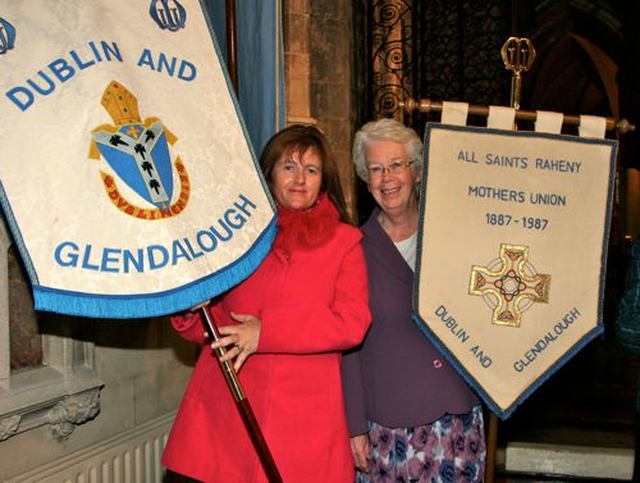 Lorna Murphy of the Celbridge Branch and Silvia Ayling of All–Saints Raheny prepare to process with their banners at the Mother’s Union 125th anniversary service in Christ Church Cathedral.