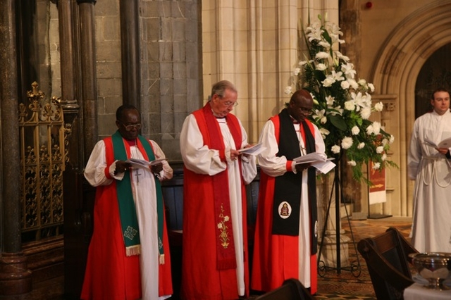 Pictured with the Rt Revd Samuel Poyntz (centre) are visiting Bishops to the ordination of four Deacons in Christ Church Cathedral, the Rt Revd Christopher Senyonjo of Uganda (left) and the Rt Revd Jered Kalimba of Rwanda.