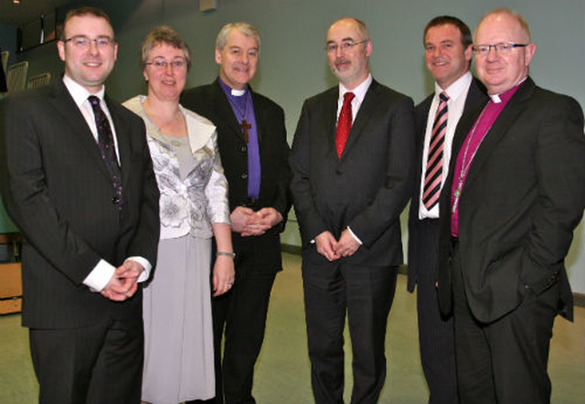 Pictured at the Church of Ireland Primary School Management Association’s annual conference in the King’s Hospital School were Dr Ken Fennelly, secretary of the Secondary Education Committee; Dr Anne Lodge, principal of the Church of Ireland College of Education; the Archbishop of Dublin, the Most Revd Dr Michael Jackson; Seán Ó Foghlú, secretary general of the Department of Education and Skills; Michael Hall, principal of the King’s Hospital School; and the Bishop of Meath, the Right Revd Richard Clarke. 