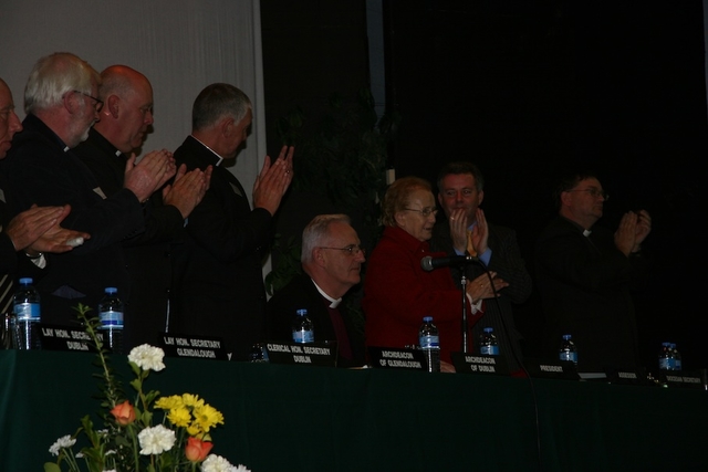 Archbishop Neill receives a standing ovation at the end of the 2010 Diocesan Synods of Dublin and Glendalough.