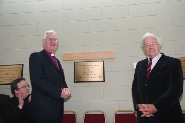 The Archbishop of Dublin, the Most Revd Dr John Neill and John Giles at the unveiling of a plaque to mark the opening of a new school extension in Bray, Co Wicklow.