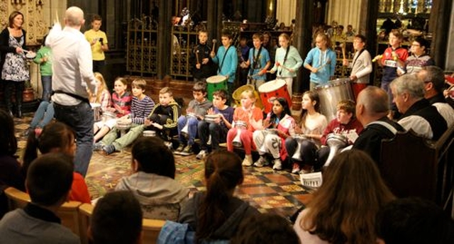Pupils from Powerscourt NS, St Catherine’s NS on Donore Ave and Whitechurch NS drumming during the Dublin and Glendalough Diocesan Schools Service. 
