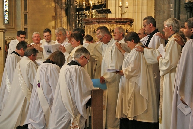 Archbishop Jackson leads the laying on of hands at the ordination of the Revd Paul Arbuthnot (Glenageary), the Revd Terry Lilburn (Whitechurch), the Revd Martha Waller (Raheny and Coolock), and the Revd Ken Rue (Enniskerry) as Priests in Christ Church Cathedral, Dublin.