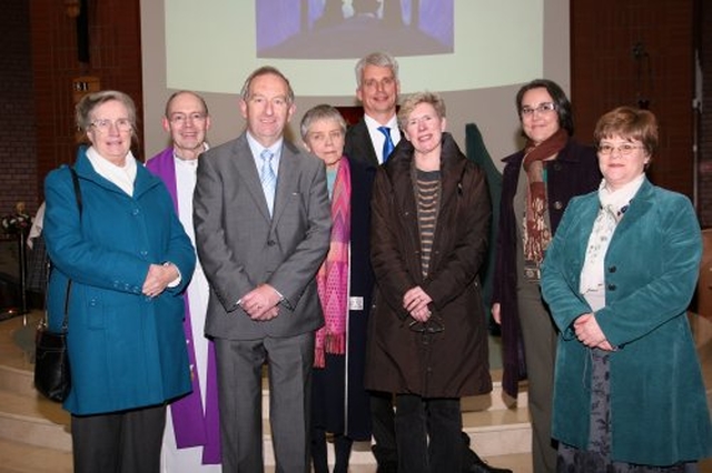 In attendance at Eco–Congregations Ecumenical Prayer Service were (l–r): Gillian Armstrong of the Religious Society of Friends; Fr Dermot Lane, Parish Priest at the Church of the Ascension of the Lord in Ballaly, Dublin; Robert Cocheran of the Methodist church; Sr Catherine Brennan, chair of Eco–Congregation Ireland; environmentalist Gavin Harte; Methodist representative, Helen Shiel; Revd Lorraine Kennedy–Ritchie, Minister of Clontarf Scotts Presbyterian Church; and Fiona Murdoch, communications officer of Eco–Congregation Ireland.