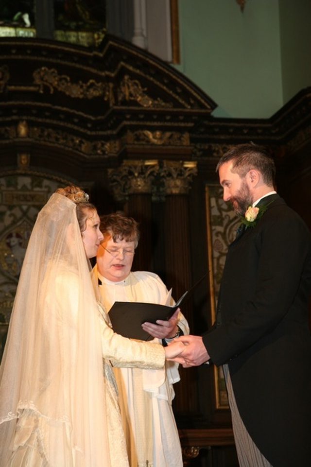 Bram Stoker and Florence Balcombe (Edward Brennan and Mary Cate Smith) make their vows at the re-enactment of the wedding of Bram Stoker and Florence Balcombe in St Ann's. In the backgound is the Revd Willie Black playing the minister. Bram Stoker, best known as the author of Dracula was married in St Ann's in 1878.