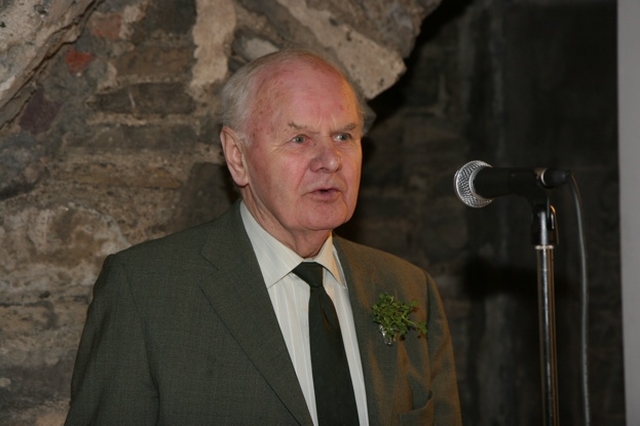 Professor George Eogan speaking at the launch of Impressions of Irish History: a photographer's view  in the crypt of Christ Church Cathedral. The exhibition will continue to the end of April.