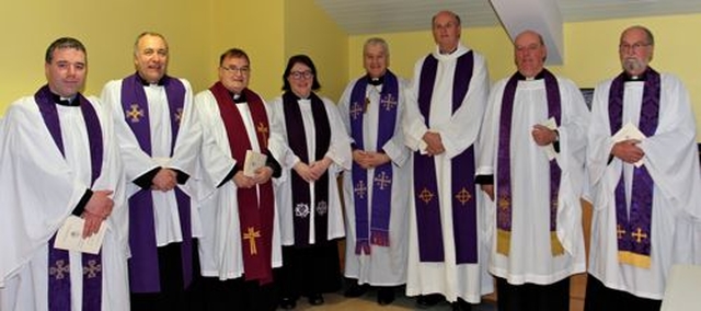 The Revd Olive Donohoe has been instituted as the new Rector of Athy. She is pictured with the clergy who took part in the service. L–R: the Revd Isaac Delamere, the Revd Leonard Ruddock, Dean Philip Knowles, the Revd Olive Donohoe, Archbishop Michael Jackson, Archdeacon Gary Hastings, Archdeacon Ricky Rountree and Archdeacon John Murray. 